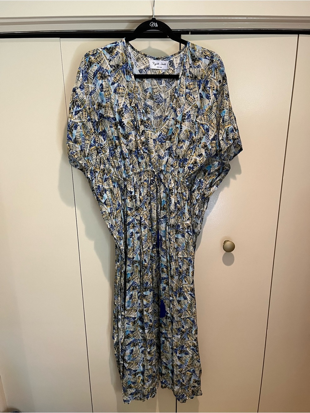 Blue and Cream Printed V-Neck Midi Dress